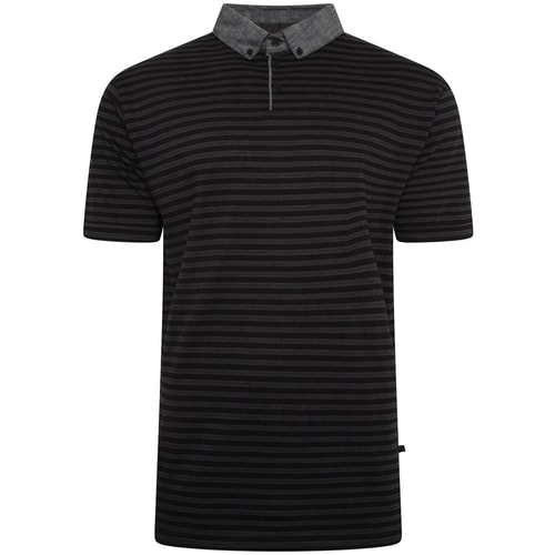 KAM Dobby Stripe Polo Shirt with Chambray Collar Black